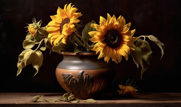  a painting of sunflowers in a vase on a table.  generative ai