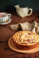 Chocolate and Vanilla Zebra Pie with piece cut off on plate. Homemade marble cake chocolate