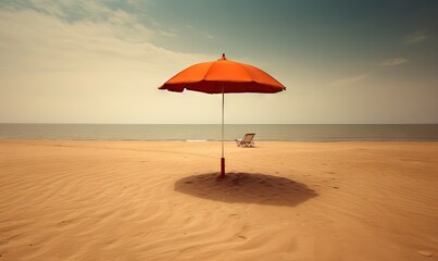  an umbrella and chair on a beach with the ocean in the background.  generative ai
