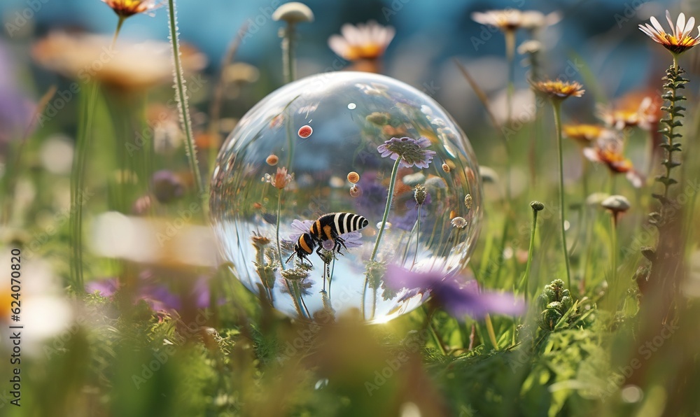 Sticker a bubble in the middle of a field of wildflowers. generative ai