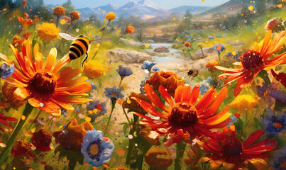 Fototapeta na wymiar a painting of a bee flying over a field of flowers. generative ai
