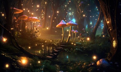  a group of mushrooms that are in the woods at night.  generative ai