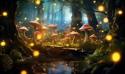 a group of mushrooms that are in the woods near a stream.  generative ai