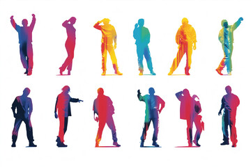Fun dancing joy shadow background silhouettes disco people colourful group celebration design - obrazy, fototapety, plakaty