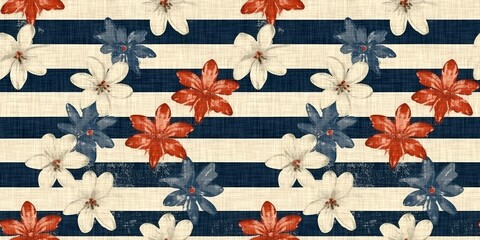 Rustic americana seamless border in traditional red, white and blue colors. Modern and fun, great country cottage house decor, folk art fashion, textiles and 4th of July ribbon scrapbook paper.
