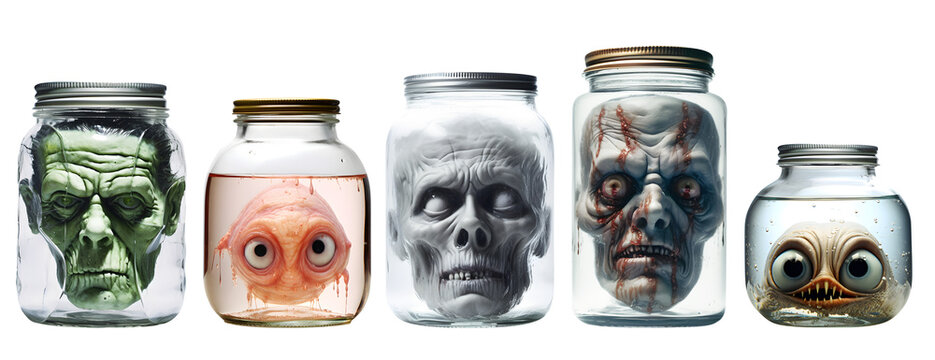t&ecirc;tes de monstres dans des bocaux en verre