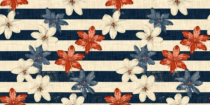 Rustic americana seamless border in traditional red, white and blue colors. Modern and fun, great country cottage house decor, folk art fashion, textiles and 4th of July ribbon scrapbook paper.