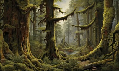  a painting of a forest with mossy trees and a stream.  generative ai