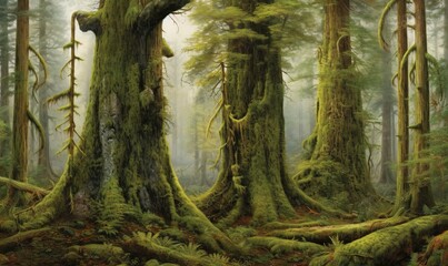  a painting of a forest filled with tall trees and moss.  generative ai