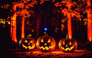 Halloween pumpkins on wooden table in foggy forest. Generative AI