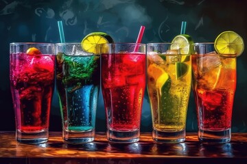 Brightly colored juice drinks are placed on the table