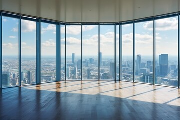 Empty room in a contemporary office building's interior, including large glass windows and a view of the city skyline.