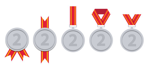Set of silver medals. Champion winner award medal. Honor badges flat isolated vector set. Vector set of silver award and medal trophy illustration 10 eps.