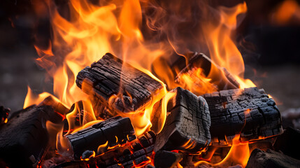 Closeup of burning coals from a fire, barbeque fire grilling campfire barbecue background