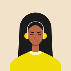 portrait of a beautiful woman with headphone isolate on white background. Avatar of a girl for social media and diversity icons. vector illustration of a young lady in flat design.