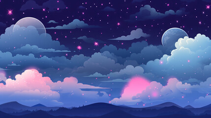 Cute nightsky illustration with clouds and stars in a childrensbook stlye