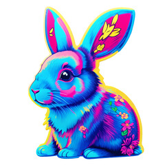 Cute bunny in 2d style, big-eared colorful hare with flowers, sticker for printing printing or clothing, design for T-shirts