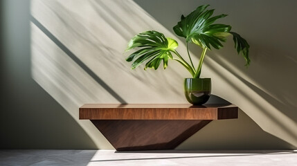 Modern brown geometric shape wooden podium table, pentagon side, green banana tree in sunlight, leaf shadow on polished cement wall