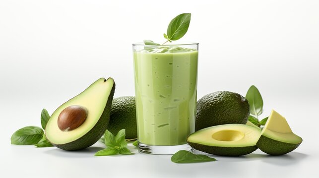 Fresh Avocado and glass of fresh juice on white background AI generated image