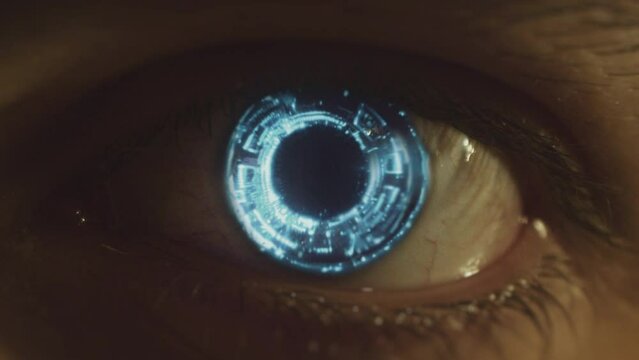 Cybernetic eye extreme close-up, marco. Glowing eye of an adnroid. Artificial intelligence concept. Sci fi, science fiction cinematic video. Eye scanner. Cinematic video.