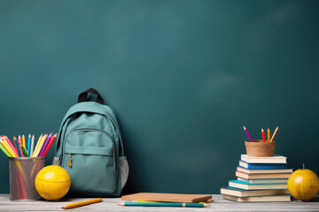 school backpack and accessories on a blackboard background, Generative AI
