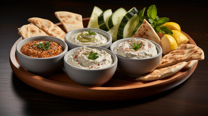 A platter of assorted Mediterranean dips, including hummus, baba ganoush, and tzatziki, served with pita bread