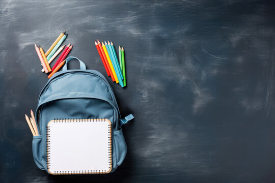 school backpack and accessories on a blackboard background, Generative AI