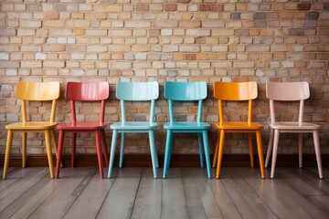 Retro wooden chairs for kids with brick wall. - obrazy, fototapety, plakaty