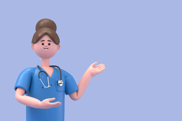 3D illustration of Female Doctor Mary shows inviting gesture. Happy professional caucasian male specialist. Medical presentation clip art isolated on blue background
