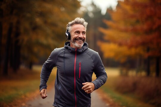 Jogging in the fresh air with your favorite music in headphones, away from the noise of the big city. Caucasian middle-aged man during a running workout in the autumn park.
