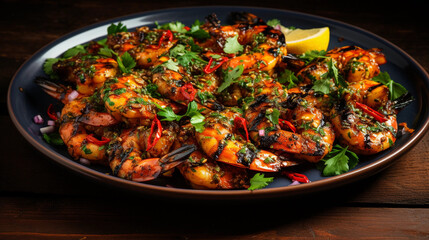 A plate of succulent and tender grilled shrimp skewers, seasoned with herbs and spices