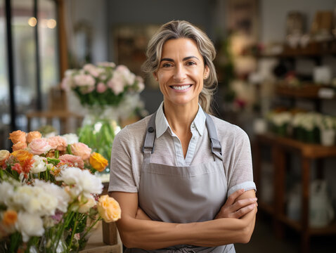 Portrait Of A Happy Mature  Woman Standing In Her Flower Shop.  Standing At The Entrance Is A Successful Small Business Owner In An Ordinary Gray Apron. Generative Ai