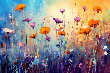 Generative AI image of Watercolor painting. Beautiful wild flower field in countryside.