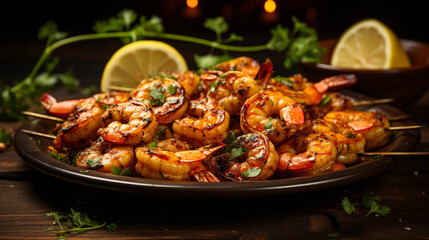 A plate of succulent and tender grilled shrimp skewers, seasoned with herbs and spices