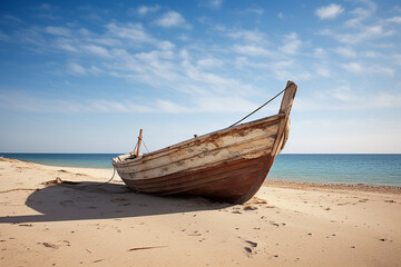 Fototapeta na wymiar old fisherman boat isolated on sandy beach. High quality photo