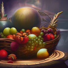 autumn still life, basket full of fruits 
