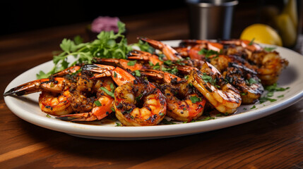 A plate of succulent and tender grilled shrimp skewers, seasoned with herbs and spices