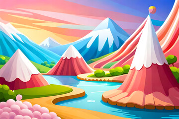 cartoon dreamy background with a whimsical Candyland landscape using pastel watercolor colors