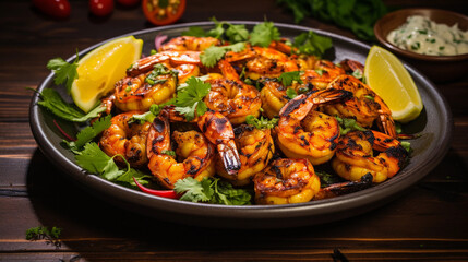 Fototapeta premium A plate of succulent and tender grilled shrimp skewers, seasoned with herbs and spices