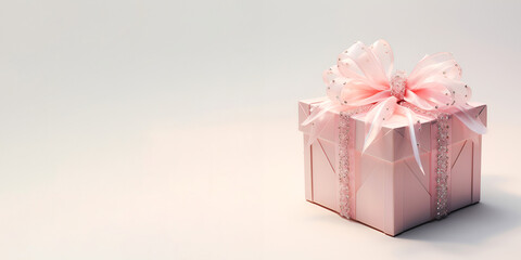Obraz premium Gift pink box with a pink ribbon on a light background. Banner with copy space.