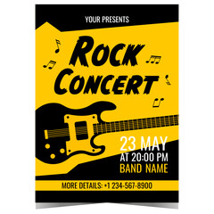 Rock concert vector design template with electric guitar and musical notes on black yellow background. Banner or poster, invitation leaflet or flyer for hard rock show or heavy metal music festival.