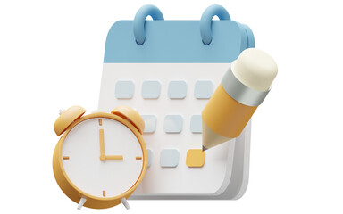 reminder illustration with calendar, pencil and clock icons 3d render.