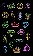 glowing desktop icon, neon money sticker, neon figure, glowing figure, neon geometrical figures 