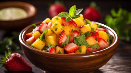 Fototapeta na wymiar A bowl of refreshing and colorful fruit salsa, featuring diced mango, pineapple, and strawberries