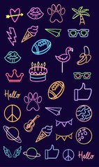 glowing desktop icon summer, neon sticker set, neon figure, glowing figure, neon geometrical figures 