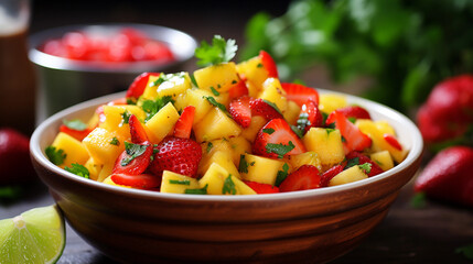 A bowl of refreshing and colorful fruit salsa, featuring diced mango, pineapple, and strawberries