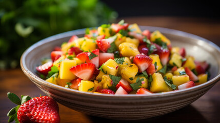 A bowl of refreshing and colorful fruit salsa, featuring diced mango, pineapple, and strawberries