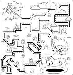 children's educational game. A children's puzzle. Children's maze. Colorful cartoon characters. Funny vector illustration. Isolated on a white background. coloring book. the boy and the kite