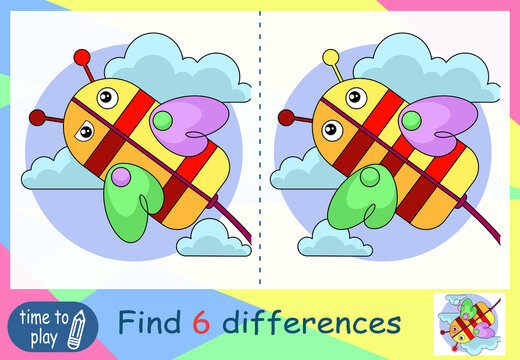 children's educational game. find the difference. kite.wasp.bee