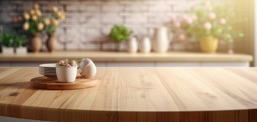 Fototapeta na wymiar Minimalist modern kitchen bench, wooden finish, condiments, bright and airy, rustic design, Generative AI